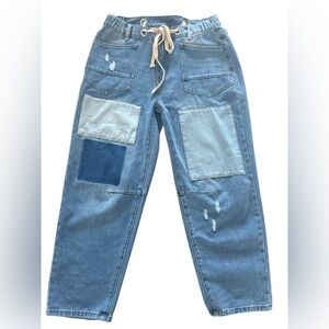 Women's Blue Patchwork Boyfriend Jeans